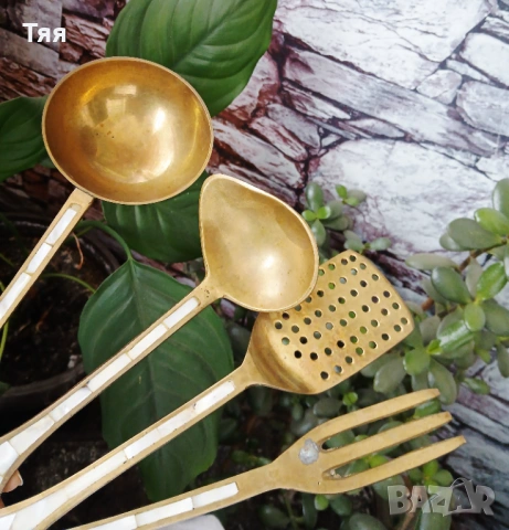 Бронзови прибори за готвене със седефени дръжки , снимка 4 - Антикварни и старинни предмети - 53654169