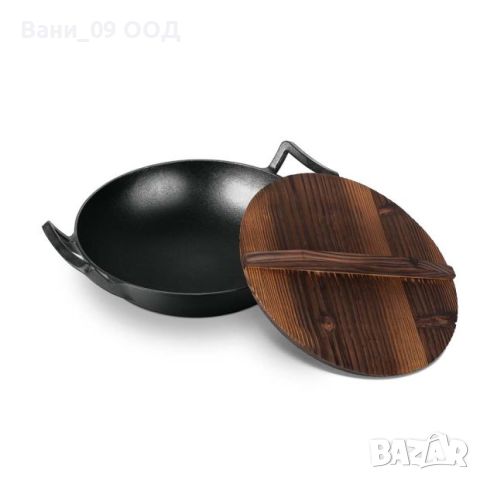 Чугунен уок тиган с дървен капак , снимка 1 - Съдове за готвене - 46401704