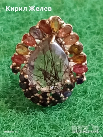 Артистичен сребърен пръстен с ТУРМАЛИНОВ КВАРЦ и многоцветни камъни 51822, снимка 4 - Пръстени - 52918747
