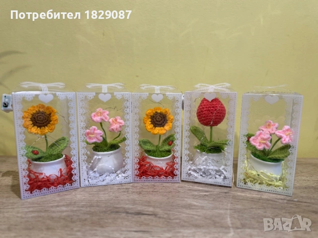 Бюджетен подарък за 8-Март. Ръчно плетено цвете в кутия с LED-светлинки, снимка 4 - Декорация за дома - 53653858