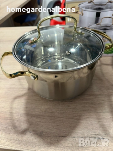 Луксозен комплект тенджери от неръждаема стомана със златни дръжки – 3 броя, снимка 6 - Съдове за готвене - 54166587