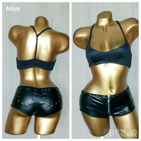 S Черни кожени къси панталони с капси и кожено бюстие 