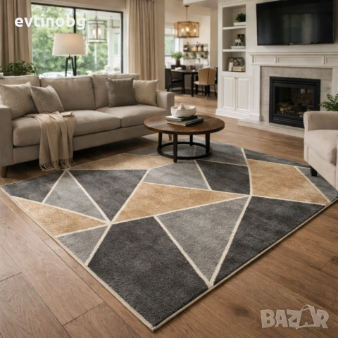 Модерен Килим за Хол 120х160см – Стилни Геометрични фигури с 3D ефект, Противоплъзгащ и Миещ се, снимка 6 - Килими - 53882824