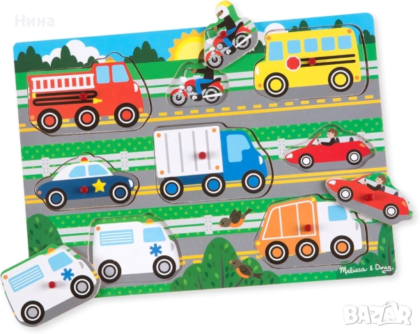 Дървен пъзел с превозни средства Melissa & Doug – интерактивна обучаема играчка за малки деца
