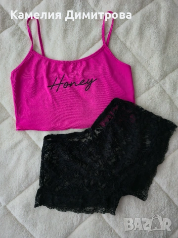 Дамски комплект за вкъщи – розов топ + черни дантелени къси гащички