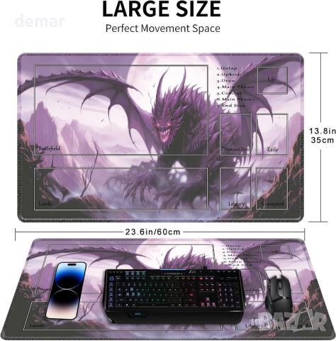 Nkddert MTG Playmat, 60 x 35 см подложка с дракон за MTG и други игри с карти, противоплъзгаща се, снимка 3 - Аксесоари - 46780951