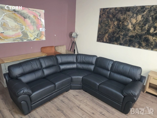 Черен кожен ъглов диван, снимка 3 - Дивани и мека мебел - 53716392