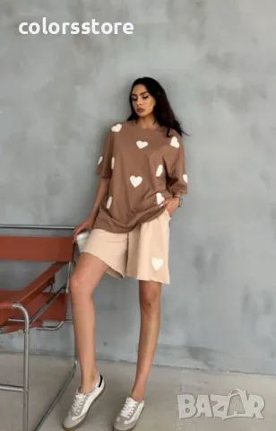 Дамски къс комплект Beige Hearts, снимка 1 - Комплекти - 49173999