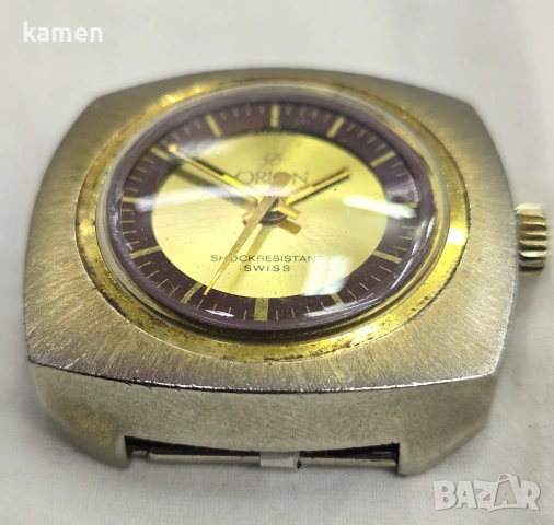 Vintage ORION Swiss Mechanical Watch - 1970s Gold Tone Cushion Case 11665, снимка 3 - Антикварни и старинни предмети - 53659073