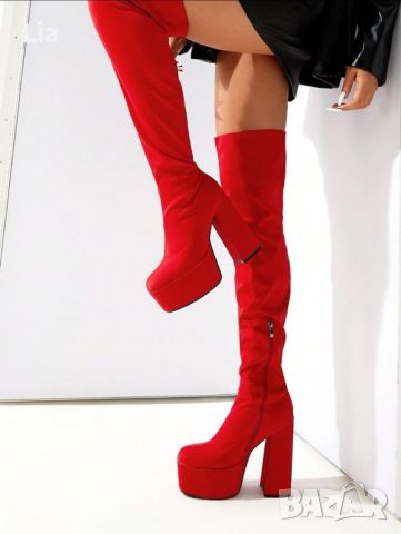Червени ботуши/чизми, снимка 2 - Дамски обувки на ток - 45712706