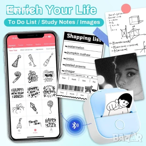 Мини мобилен термопринтер Phomemo T02, Стикери, Бележки, Етикети, хартия 53 mm, Bluetooth, снимка 3 - Принтери, копири, скенери - 50525285