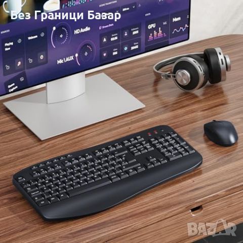 Нов Ергономичен Безжичен Комплект Клавиатура и Мишка с USB за PC и Лаптоп