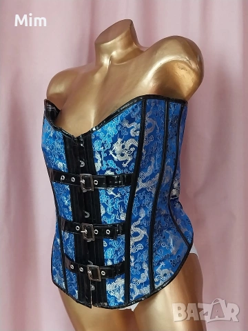 XL Син сатенен корсет с кожа / лак /, снимка 7 - Корсети, бюстиета, топове - 53897882