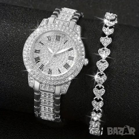 Дамски луксозен часовник с кристали + Гръвна, снимка 1 - Дамски - 46158828