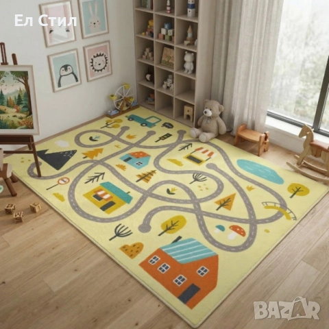 Детски килим за игра 120х160см - Светложълт килим с цветни къщички, противоплъзгащ и миещ се, снимка 4 - Други - 53928168