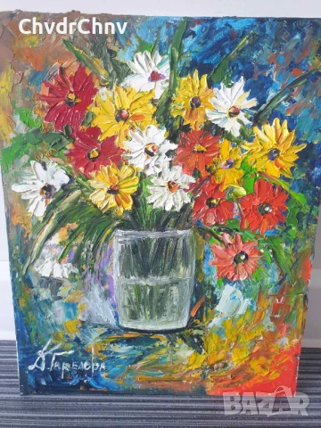 Деница Гарелова 30x24см/малка българска картина масло върху платно-картон/натюрморт-цветя/без рамка