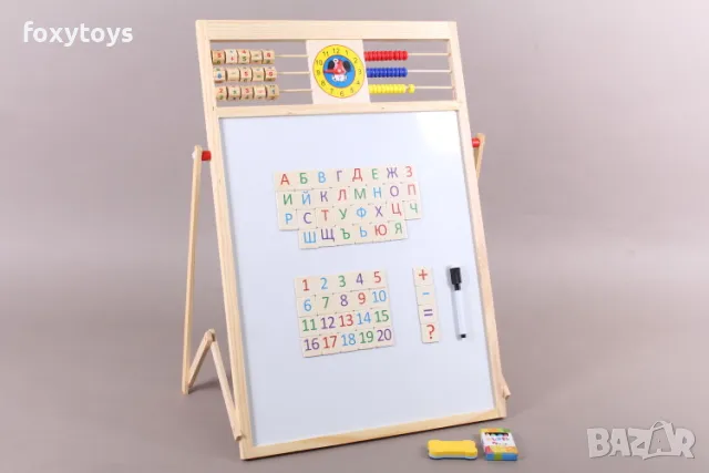 Дървена магнитна дъска със сметало, часовник и комплект магнитни букви и цифри