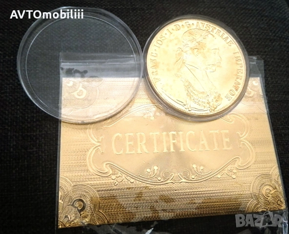 Позлатена с 24 карата злато голяма монета 4 Дуката 1915 г със сертификат , снимка 6 - Нумизматика и бонистика - 53796504