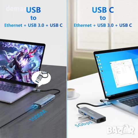 5 в 2 USB хъб Ethernet 1000M, с 3 *USB 3.0 и USB-C порта, снимка 2 - Кабели и адаптери - 45221651