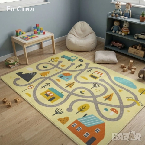 Детски килим за игра 120х160см - Светложълт килим с цветни къщички, противоплъзгащ и миещ се, снимка 3 - Други - 53928168