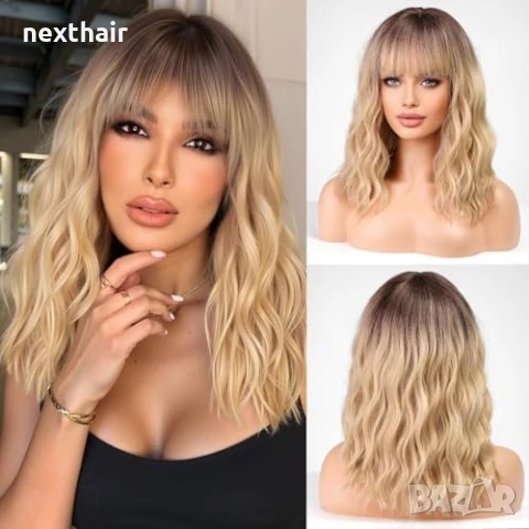 Руса омбре чуплива перука с черни корени и бретон, снимка 1