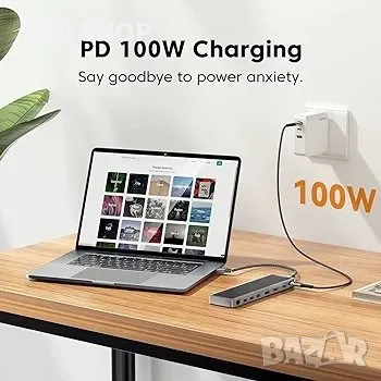 12 в 1 USB C хъб, USB-C докинг станция за лаптоп, троен дисплей тип C адаптер,, снимка 2 - Кабели и адаптери - 48747618