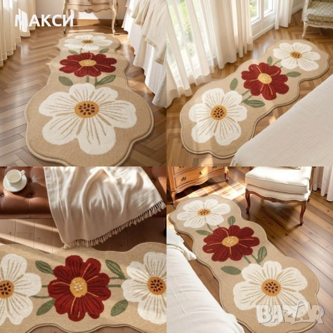 Прекрасен лек и много мек винтидж килим с красиви цветя, неплъзгаща се основа, сгъващ се, перящ се в