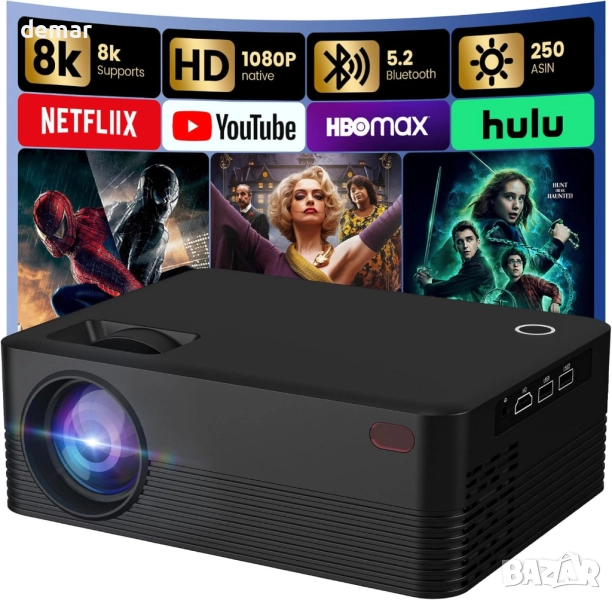 Мини преносим проектор с WiFI и Bluetooth, Native 1080P Full HD, черен, снимка 1