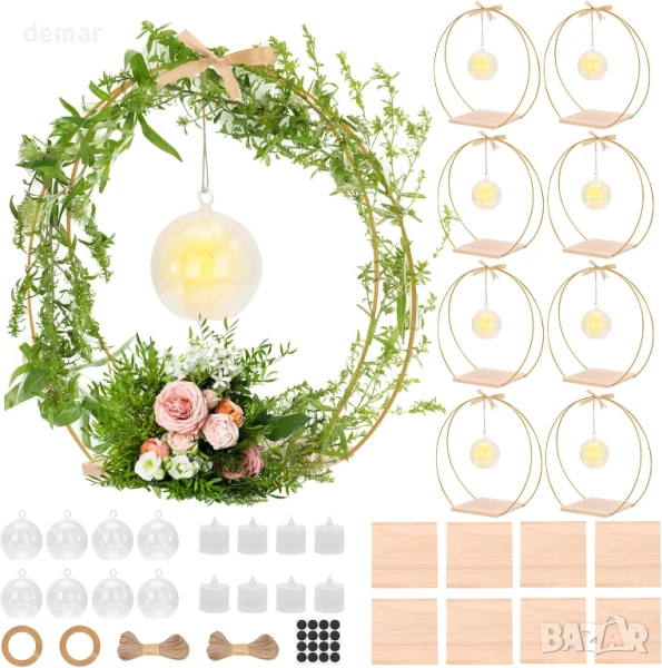 Комплект от 8 флорални обръча с диаметър 30 ​​см за маса с дървена основа и свещ, снимка 1