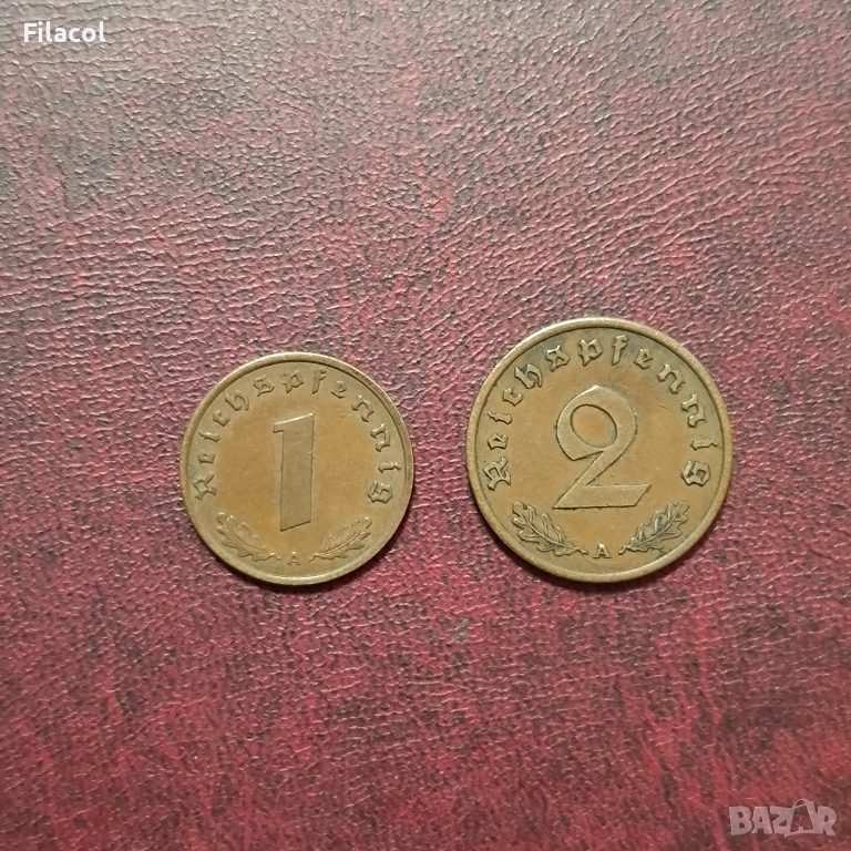 Германия Райх 1 и 2 пфенига 1939 МД 'A' - Берлин, снимка 1