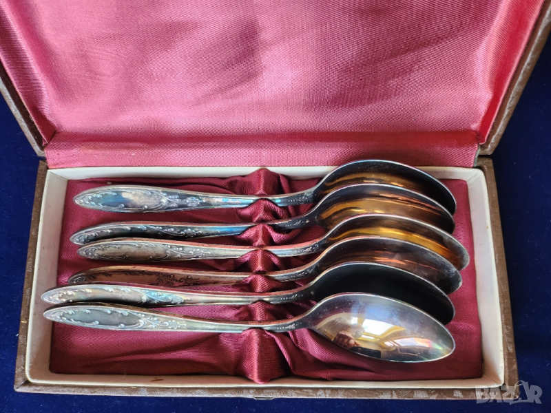 лъжици - комплект 6 броя от мелхиор, посребрени/позлатени, мод.Пламя, чисто нови,неползвани, в кутия, снимка 1