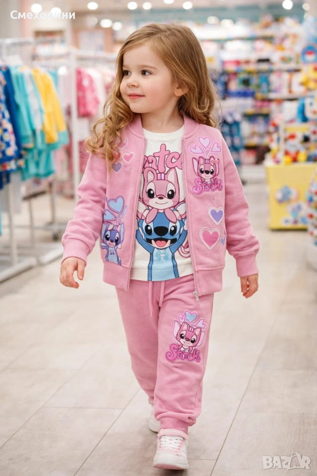 Детски памучен комплект Стич, от три части, за момиченца 3-4г, 4-5г, 5-6г, 6-7г, снимка 1