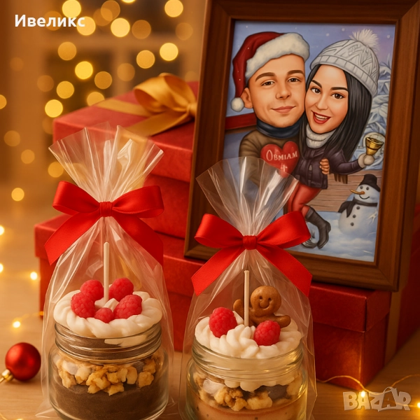 Коледна КАРИКАТУРА + ароматна свещ в бурканче, снимка 1