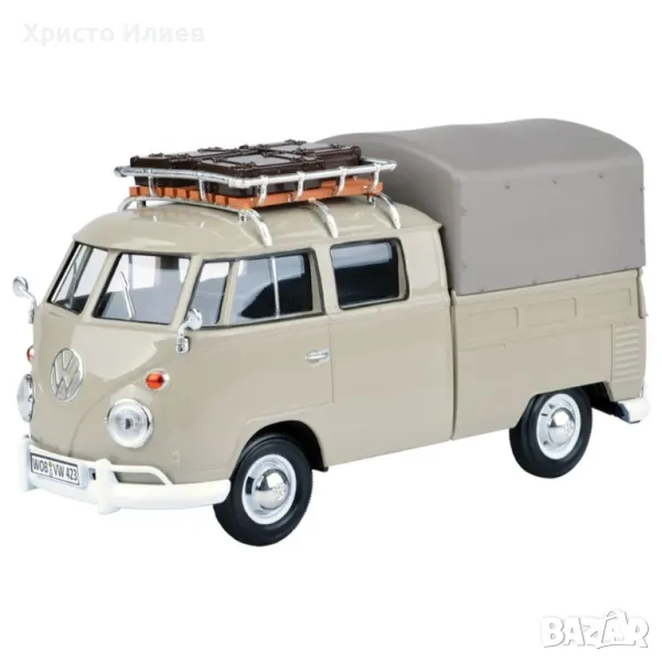 Метална количка кола Volkswagen 1:24 VW T1 Ван с покрито ремарке Motormax, снимка 1