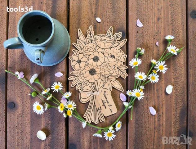 Дървено букетче с етикетче за 8-ми март., снимка 5 - Изкуствени цветя - 53600855