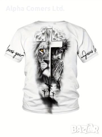 Стилна мъжка елегантна тениска с къс ръкав, шарка на кръст и лъв, снимка 1 - Тениски - 45786332