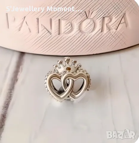 Сребърен елемент PANDORA 925 Silver Crown & Entwined Hearts., снимка 2 - Гривни - 46981471