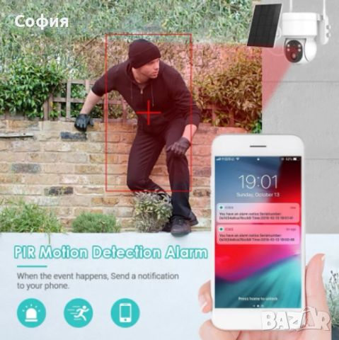 Соларна WIFI камера със соларен панел PTZ 360, 1080P, Full HD, цветно Hощно Bиждане, снимка 5 - Други - 46264290