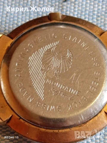 Стар механичен часовник MONDAINE SWISS работи позлатен за КОЛЕКЦИЯ 40568, снимка 4 - Антикварни и старинни предмети - 54119525