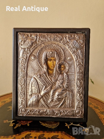Чудесна антикварна сребърна икона със сертификат и маркировка 