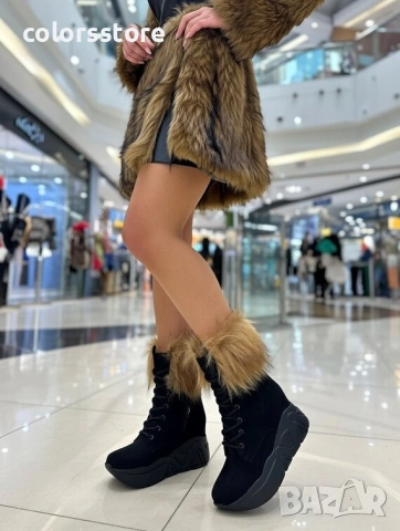 Боти на платформа - черен велур с бежов косъм - BPH1 