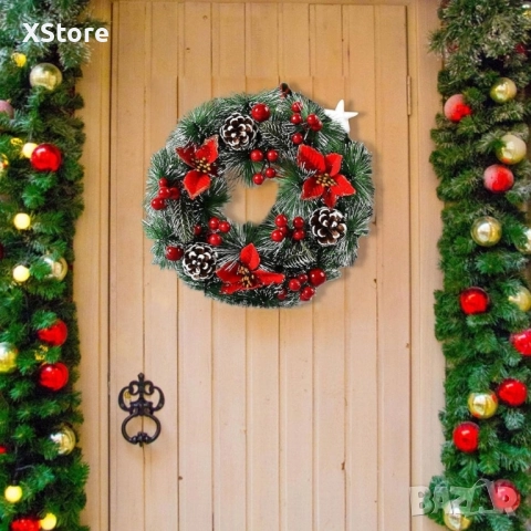 Коледен венец за декорация с шишарки и изкусветни коледни звезди, снимка 3 - Декорация за дома - 52440561