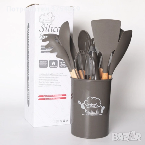 Комплект кухненски прибори от 12 бр. с дървена дръжка, снимка 5 - Прибори за хранене, готвене и сервиране - 52382116