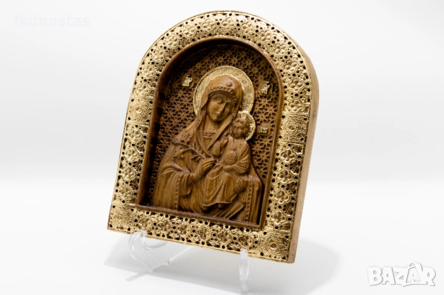 Релефна икона на Дева Мария с Младенеца – позлатена, от дъб, снимка 3 - Икони - 53223149