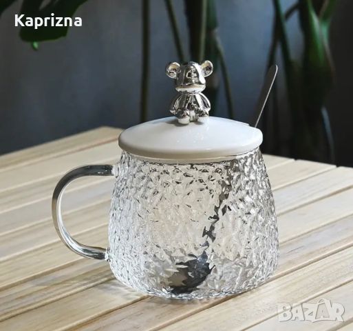 Стъклена чаша с капаче и метална лъжичка, снимка 5 - Чаши - 46099358