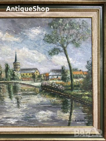 Картина. Замък с езеро. Масло върху канава., снимка 3 - Картини - 54087527