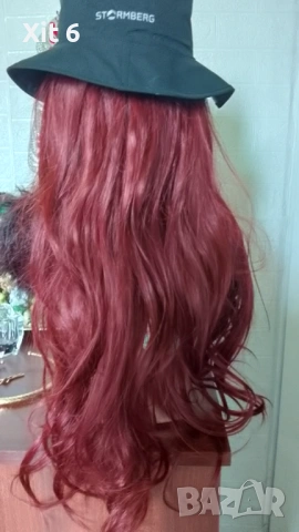 Бургундово червено дълга 70 см  лейс фронт перука на вълни, снимка 6 - Аксесоари за коса - 54196327