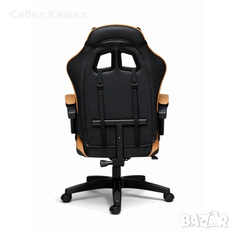 Геймърски стол с масажна функция, лумбална възглавница и поставка за крака – Черен-златист, снимка 8 - Столове - 53455568