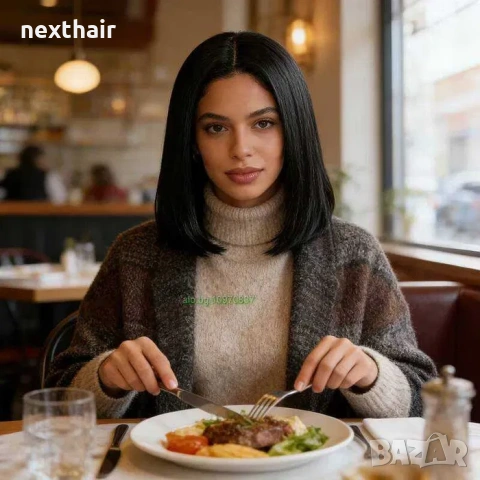 Елегантна права черна каре перука 35 см с път, снимка 8 - Аксесоари за коса - 54189668