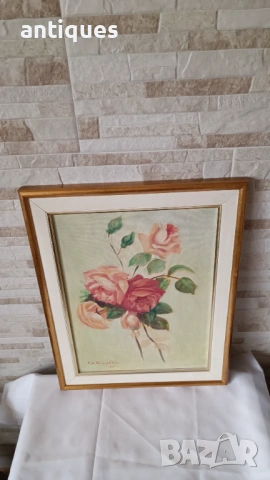 Картина "Flowers" - масло върху платно - 49/38см, снимка 2 - Антикварни и старинни предмети - 53958022